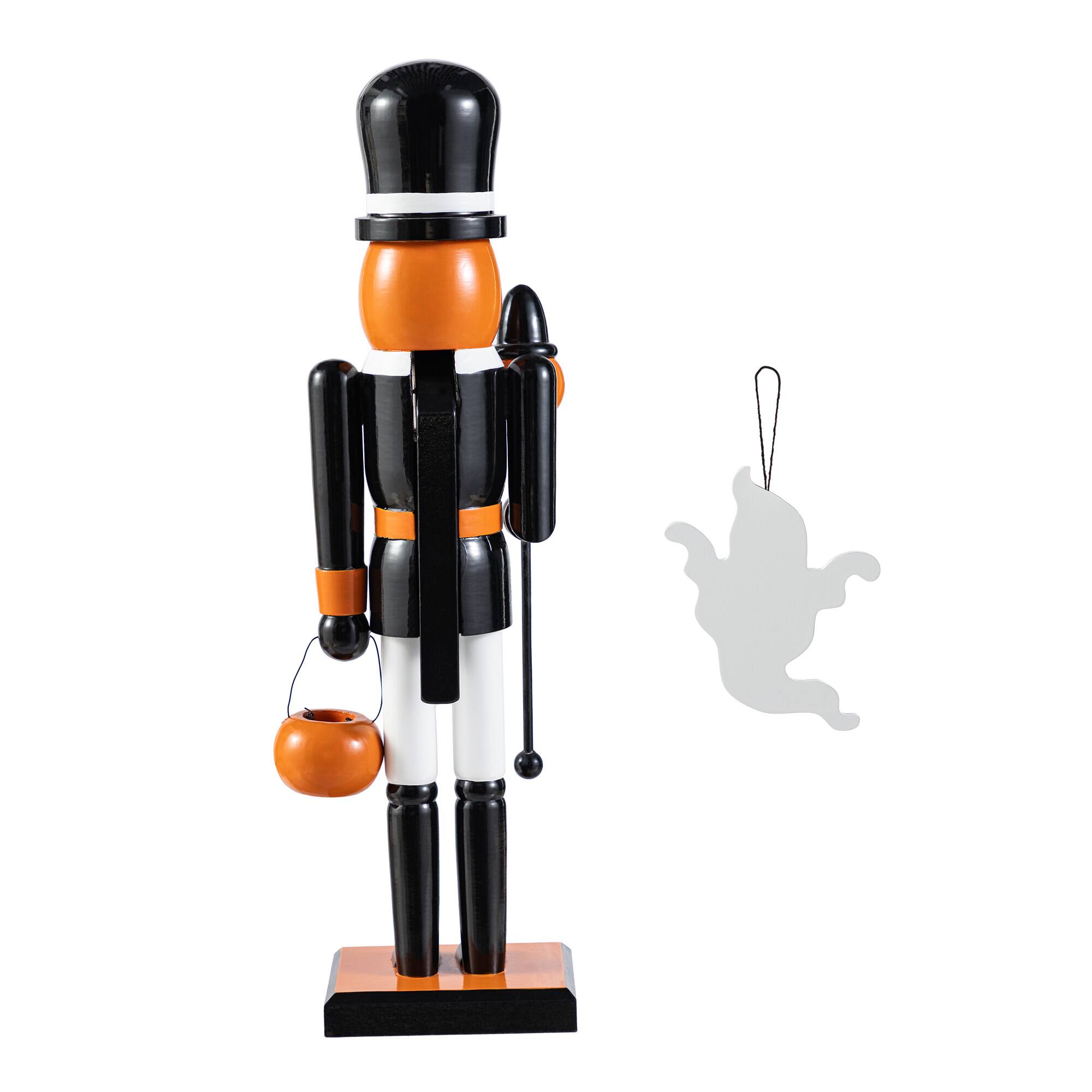 Glitzhome® 18.5"H Halloween Wooden Pumpkin Nutcracker with Ghost Ornament
